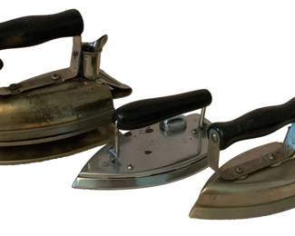 182 - 3 Vintage Irons (Description): A lot of three vintage irons. These antique  pressing irons feature classic designs with  wooden handles, representative of early to  mid-twentieth century household tools.