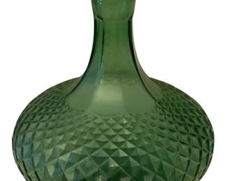 222 - Green Glass Genie Bottle Vase 9"x8" (Description): Green glass bottle vase featuring a  distinctive textured pattern on the rounded  body with a smooth elongated neck. Measures 9  inches by 8 inches.