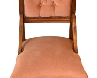65 - Antique Chair 36"x18"x17" (Description): Antique chair featuring carved wooden frame  with decorative back panel and upholstered  seat and back. Measures 36 inches tall by 18  inches wide by 17 inches deep.