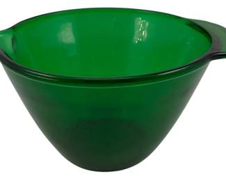 450 - Green Glass Mixing Bowl 4.75"x9"x7.5" (Description): Green glass mixing bowl featuring a pour  spout design. Measures 4 3/4 inches high by 9  inches by 7.5 inches.