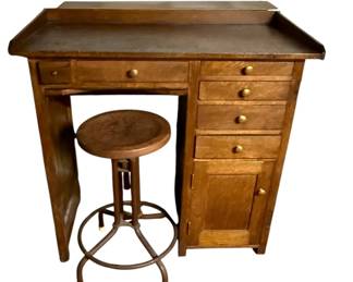 1040 - Vintage Desk w/ Stool (Description): Desk - 40.25 x 41 x 20.5 Stool - 27 x 20