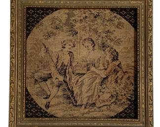 38 - Framed Tapestry 10"x10" (Description): Framed tapestry piece featuring a decorative  woven textile in an ornate frame. Measures 10  inches by 10 inches.