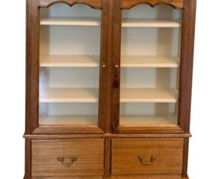 195 - Display Hutch, 2-Door Glass Cabinet 46 x 38 x 9 (Description): The cabinet includes a key with tassel.  Measures 38 inches wide by 46 inches tall by  9 inches deep.
