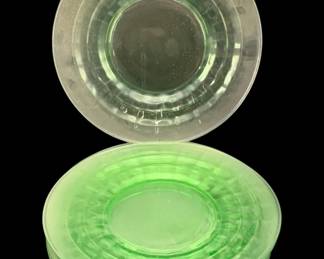 386 - 8 Uranium Green Glass Plates 8.25" Round (Description): A set of eight uranium glass plates. Each  plate measures 8.25 inches round.