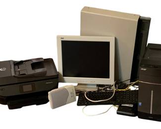 694 - Computer Items w/ Printer (Description): A lot of computer items including a printer.  Router not included. Used as is electric/electronic/mechanical  item. No guarantee all components, untested.