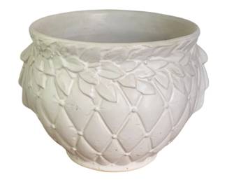 30 - McCoy Vase 7.5"x11" (Description): McCoy vase featuring a white glazed finish  with decorative quilted lattice pattern and  leaf motifs. Measures 7.5 inches by 11  inches.