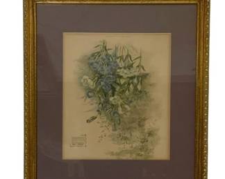 758 - Framed Print 22"x17.5" (Description): Framed print measuring 22 inches by 17.5  inches. The piece is presented in a  decorative gold-toned frame with purple  matting.