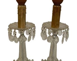 761 - Pair of Vintage Boudoir or Mantel Lamps w/ prisms (Description): Each lamp measures 16 inches tall and  features pressed glass bases and hanging  prisms. Used as is electric/electronic/mechanical  item. No guarantee all components, untested.