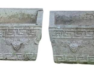 27 - 2 Concrete Planters 10"x30.5"x10" (Description): A set of two concrete planters featuring  decorative relief designs including Greek key  pattern borders and grape cluster motifs.  Each planter measures 10 inches tall by 30.5  inches long by 10 inches deep.