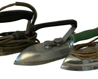 177 - 3 Vintage Irons (Description): A three-piece lot of vintage irons. The  collection includes examples with original  cords and handles intact, representing  classic household ironing equipment from an  earlier era. Used as is electric/electronic/mechanical  item. No guarantee all components, untested.