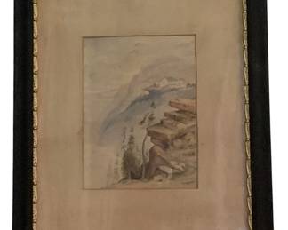 80 - Framed Print 18.5"x16" (Description): A framed print depicting a landscape scene.  The piece is presented in a dark frame with  decorative gold trim along the inner edge,  surrounding a mauve-toned mat. Measures 18.5  inches by 16 inches.