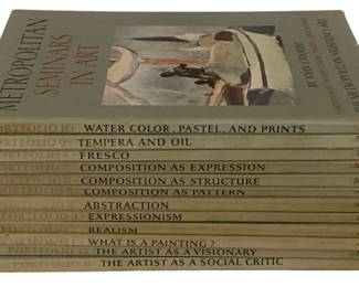119 - 12 Metropolitan Seminars in Art Books (Description): A twelve-piece set of Metropolitan Museum of  Art books from the Metropolitan Seminars in  Art series by John Canaday. The collection  includes Portfolio volumes covering various  artistic topics including Water Color, Pastel, and Prints; Tempera and Oil; Fresco;  Composition as Expression; Composition as  Structure; Composition as Pattern;  Abstraction; Expressionism; Realism; What is  a Painting?; The Artist as a Visionary; and