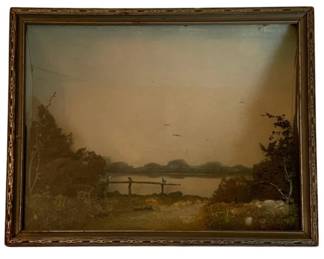 615 - Framed Artwork 9.25"x7.5" (Description): Framed 3D artwork featuring a dimensional  landscape scene. The piece is presented in a  decorative wooden frame. Measures 9.25 inches  by 7.5 inches.