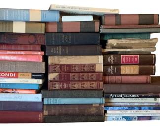 122 - Assorted Books (Description): A lot of assorted books in various sizes,  colors, and conditions. The collection  includes hardcover volumes with diverse  bindings and subject matter.