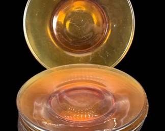 357 - 6 Amber Glass Plates 6.5" Round (Description): A set of six amber glass plates. Each plate  measures 6.5 inches round.