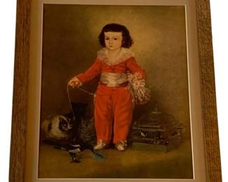 664 - Framed Print 17.5"x17" (Description): Framed print depicting a portrait scene. The  piece is presented in a wooden frame with  mat. Measures 17.5 inches by 17 inches.