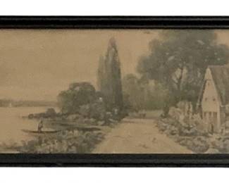 95 - Framed Print 6"x19.5" (Description): A framed print depicting a scenic landscape.  The print measures 6 inches by 19.5 inches  and is presented in a dark frame.