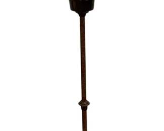 98 - Oil Floor Lamp 55" (Description): Oil floor lamp measuring 55 inches in height.  Features a decorative patterned shade with  Art Nouveau-inspired floral motifs in muted  orange and olive tones. The lamp stands on a  round base with painted accents and has a traditional turned metal stem.