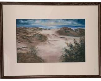 37 - Framed Watercolor, signed 18.5"x24.5" (Description): A signed watercolor painting depicting a  coastal dune landscape with a path leading  toward the ocean. The work is presented in a  wooden frame with cream matting. Measures  18.5" x 24.5".