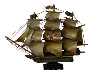 85 - Model Ship 18"x22"x4" (Description): Model ship mounted on a black base. Measures  18 inches by 22 inches by 4 inches.