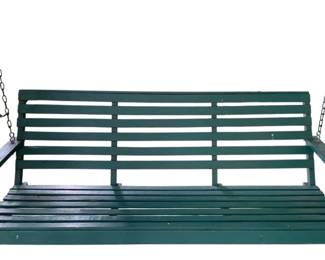 9 - Cabinet Lot - 2 Shelves9 - Wood Porch Swing 20"x60"x26" (Description): A wooden porch swing featuring a classic  slatted design with horizontal back slats and  a slatted seat. Painted green and includes  hanging chains. Measures 20 inches deep by 60  inches wide by 26 inches tall.