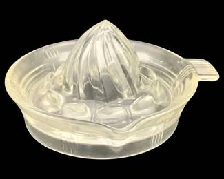 381 - Vintage Glass Juicer 3"x5.5" (Description): Glass juicer with a ribbed reamer cone and  handled base for easy pouring. Measures 3  inches by 5.5 inches.