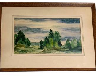 781 - Framed Watercolor - Signed 18.5"x24.5" (Description): A signed watercolor painting presented in a  wooden frame. The artwork depicts a landscape  scene with lush green foliage and  atmospheric sky. Measures 18.5" x 24.5"  overall.