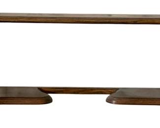 368 - Wood Wall Shelf 10.5"x31"x7.5" (Description): A wood shelf featuring turned baluster-style  supports with decorative twin pedestal bases.  Measures 10.5 inches high by 31 inches wide  by 7.5 inches deep.