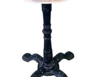 11 - Metal Base Marble Top Stand 25"x14" (Description): A decorative stand featuring a marble top set  upon a metal base. The piece measures 25  inches in height with a 14 inch diameter top.