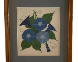 646 - Framed Needlepoint 15"x12" (Description): Framed needlepoint featuring a floral design.  The piece is professionally matted and  presented in a wooden frame. Measures 15  inches by 12 inches.