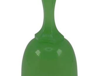 451 - Jadeite Glass Bell 6.25" tall (Description): A jadeite glass bell featuring a faceted  handle and scalloped rim. Measures 6.25  inches tall.