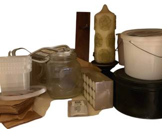 200 - Assorted Items (Description): Cabinet lot containing assorted household  items including storage containers, jars,  candle, paper bags, and various other  miscellaneous pieces.
