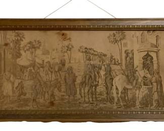 670 - Framed Art 21"x41" (Description): Framed tapestry measuring 21 inches by 41  inches. The tapestry is presented in a wooden  frame with decorative carved beaded edging.