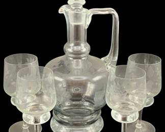 282 - Etched Glass Decanter w/ 4 Wine Glasses - 13" Tall
