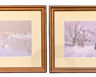 235 - 2 Framed Prints 9"x11" (Description): A two-piece set of framed prints. Each print  is matted and presented in a coordinating  gilt and dark wood frame. Each measures 9  inches by 11 inches.