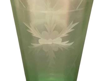 489 - Uranium Green Glass Vase 6"x5" (Description): Uranium glass vase with a tapered form.  Measures 6 inches tall by 5 inches in  diameter.