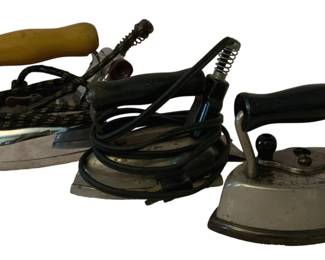 184 - 3 Vintage Irons (Description): A lot of three vintage irons. The collection  includes various styles of antique pressing  irons, showcasing different handle designs  and construction methods from the era. Used as is electric/electronic/mechanical item. No guarantee all components, untested.