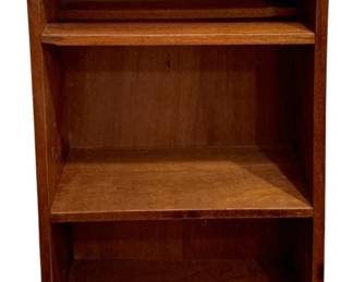 620 - Wood Bookshelf 34"x20"x8" (Description): A wood bookshelf featuring three open shelves  for storage and display. Measures 34 inches  tall by 20 inches wide by 8 inches deep.