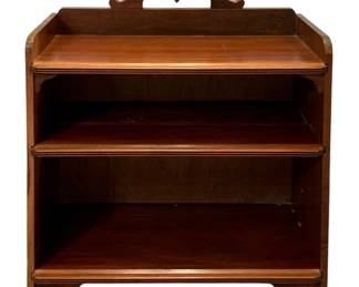 692 - Wood Bookshelf 36"x30"x13 (Description): Wood bookshelf featuring three open shelves  and a decorative scrolled crest along the top  back edge. Measures 36 inches by 30 inches  by 13 inches.