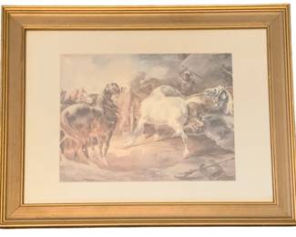 259 - Framed Print 14.25"x18.25" (Description): Framed print depicting a dynamic scene of  horses. The piece is presented in a gold-tone  frame with cream matting. Measures 14.25  inches by 18.25 inches.