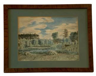 644 - Signed Watercolor Landscape 15"x12.25" (Description): A signed watercolor painting depicting a  landscape scene. The work is presented in a  wooden frame with a green mat. Measures 15  inches by 12.25 inches.