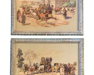 469 - 2 Framed Prints 12"x15.5" (Description): A set of two framed prints depicting  horse-drawn carriage scenes. Each print  measures 12 inches by 15.5 inches.