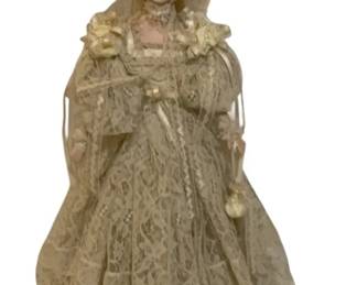 763 - Vintage Doll 24" Tall (Description): 24 inches tall - this doll features an  elaborate lace gown with ribbon accents and a  decorative feathered hat.