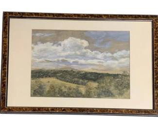 783 - Framed Watercolor - Signed 15.5"x21.5" (Description): A signed watercolor painting depicting a  landscape scene with rolling hills and a  cloudy sky. The artwork is professionally  framed and matted. Measures 15.5 inches by  21.5 inches overall.