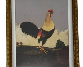 446 - Framed Rooster Print Signed 8.5"x6.5" (Description): A framed rooster print, signed by the artist.  The piece measures 8.5 inches by 6.5 inches.