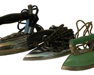 179 - 3 Vintage Irons (Description): A lot of three vintage irons. The collection  showcases different styles of electric irons  from various periods. Used as is electric/electronic/mechanical  item. No guarantee all components, untested.