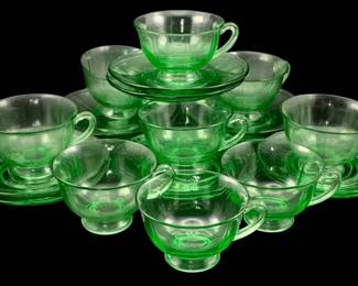 345 - Uranium Green Glass Cups & Saucers (Description): saucers - 5.5 round cups - 2.5 tall