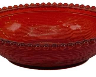 527 - Red Glass "Nest" Bottom Only 2"x7"x5.5" (Description): Red glass "Nest" bottom piece only, featuring  a beaded rim edge and textured surface.