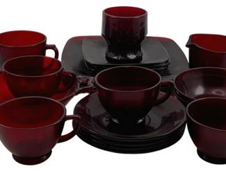 470 - 22pcs. Ruby Red Glass Items (Description): A collection of ruby red glass items. The lot  includes various pieces in a deep red color,  comprising cups, saucers, plates, and  serving pieces.