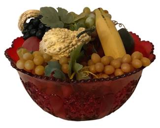 244 - Red Glass Bowl w/ Faux Fruit 8.5"x13" (Description): A decorative red glass bowl filled with  assorted faux fruit. The bowl measures 8.5  inches in height by 13 inches in diameter.